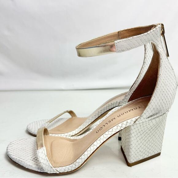 Tamara Mellon White & Gold Snakeskin Triangle Heel Sandals Size Eur 36.5/ US 6.5 - Picture 6 of 10